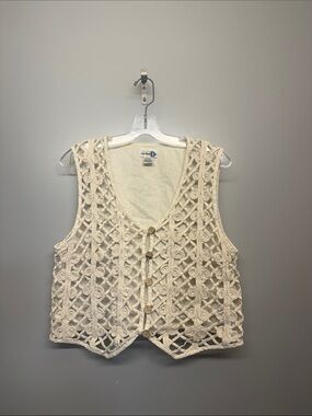 Vintage Paul Harris Design Linen Cream Crochet Lace Cork Button Front Vest